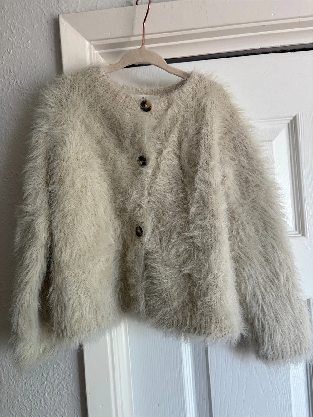 H&M Fuzzy Wool Blend Knit Button DownCardigan in Cream
